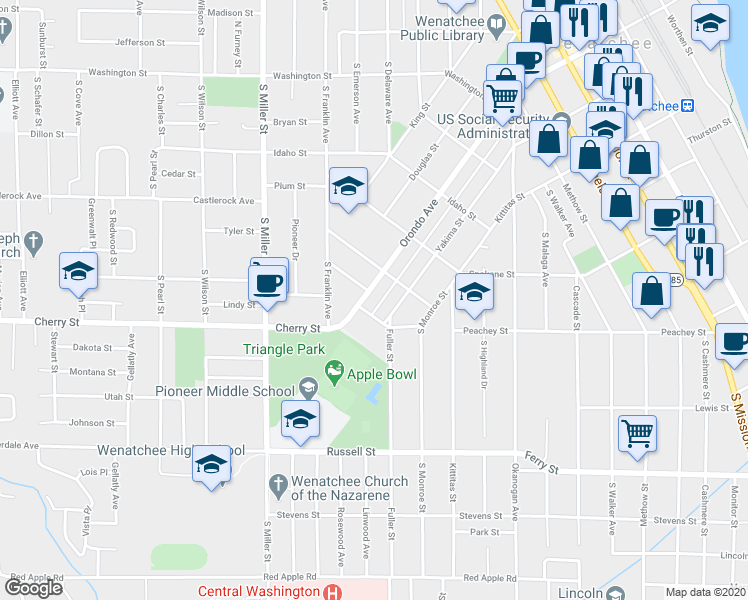 map of restaurants, bars, coffee shops, grocery stores, and more near 807 Orondo Avenue in Wenatchee