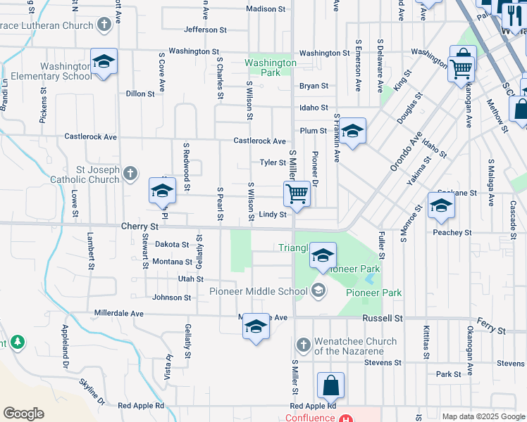 map of restaurants, bars, coffee shops, grocery stores, and more near 1045 Columbine Street in Wenatchee