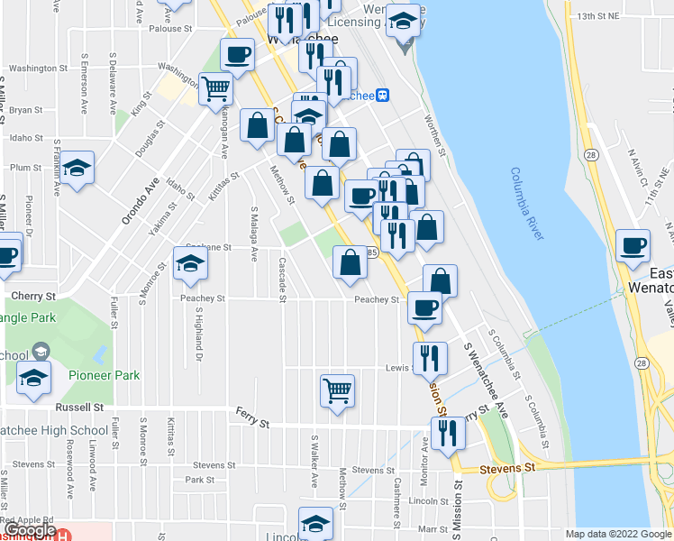 map of restaurants, bars, coffee shops, grocery stores, and more near 535 Methow Street in Wenatchee