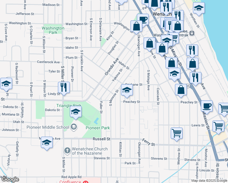 map of restaurants, bars, coffee shops, grocery stores, and more near 309 Hawthorne Street in Wenatchee