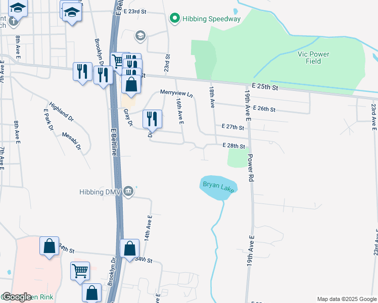 map of restaurants, bars, coffee shops, grocery stores, and more near 2734 16th Avenue East in Hibbing