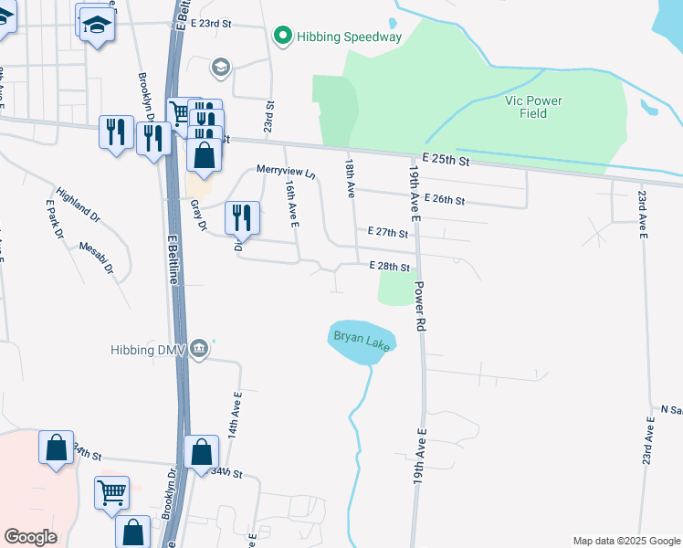 map of restaurants, bars, coffee shops, grocery stores, and more near 1746 Merryview Lane in Hibbing