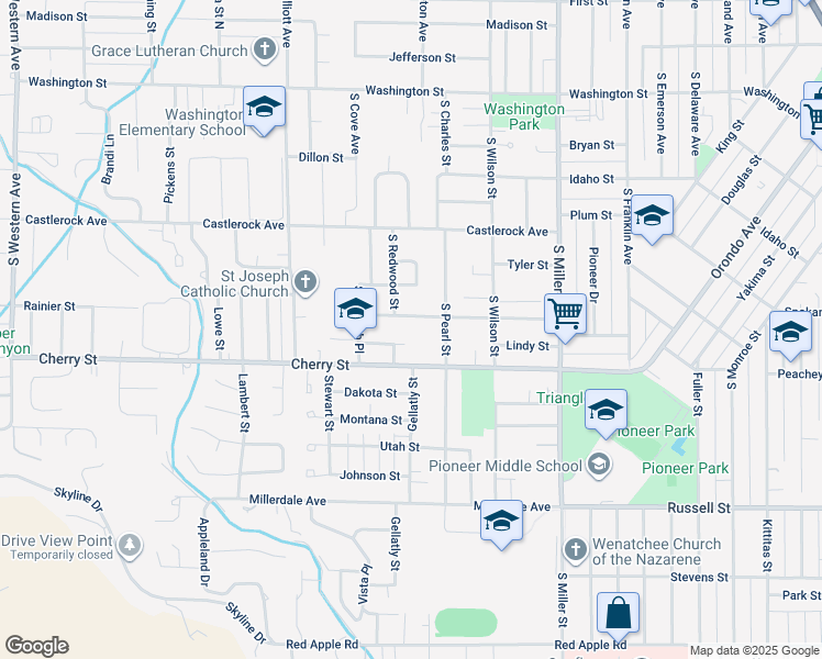 map of restaurants, bars, coffee shops, grocery stores, and more near 1207 Columbine Street in Wenatchee