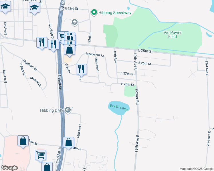 map of restaurants, bars, coffee shops, grocery stores, and more near 2734 16th Avenue East in Hibbing