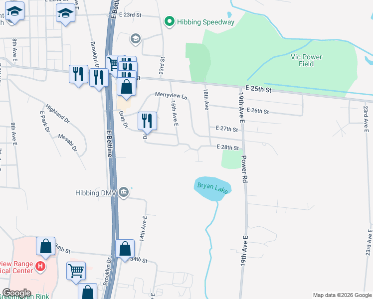 map of restaurants, bars, coffee shops, grocery stores, and more near 2734 16th Avenue East in Hibbing