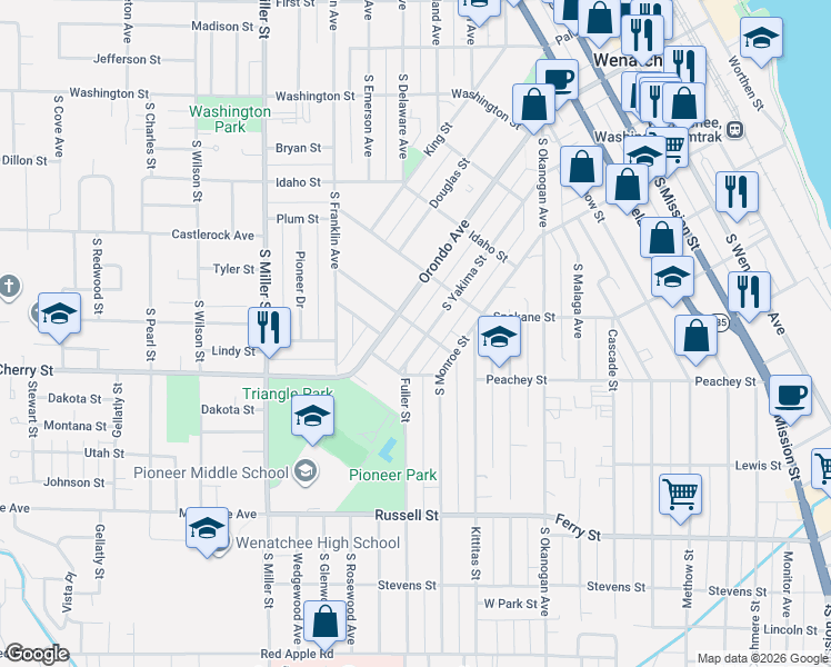 map of restaurants, bars, coffee shops, grocery stores, and more near 807 Orondo Avenue in Wenatchee