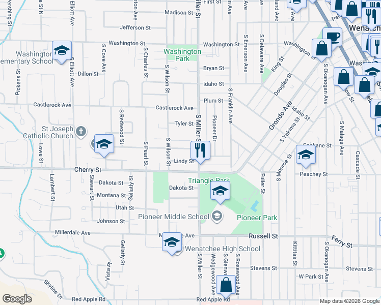 map of restaurants, bars, coffee shops, grocery stores, and more near 1011 Columbine Street in Wenatchee