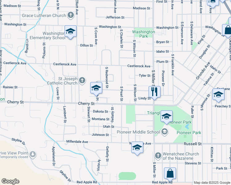 map of restaurants, bars, coffee shops, grocery stores, and more near 1207 Columbine Street in Wenatchee