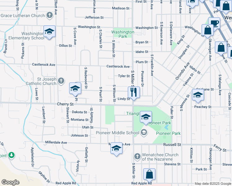 map of restaurants, bars, coffee shops, grocery stores, and more near 1045 Columbine Street in Wenatchee