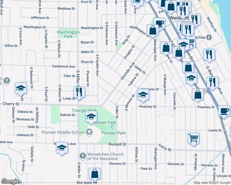 map of restaurants, bars, coffee shops, grocery stores, and more near 807 Orondo Avenue in Wenatchee