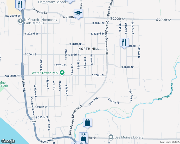 map of restaurants, bars, coffee shops, grocery stores, and more near 20725 9th Avenue South in Des Moines