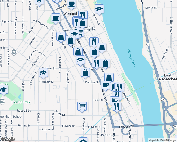map of restaurants, bars, coffee shops, grocery stores, and more near 539 South Chelan Avenue in Wenatchee