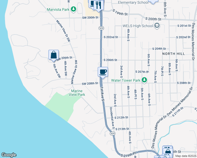 map of restaurants, bars, coffee shops, grocery stores, and more near 20729 1st Avenue South in Normandy Park