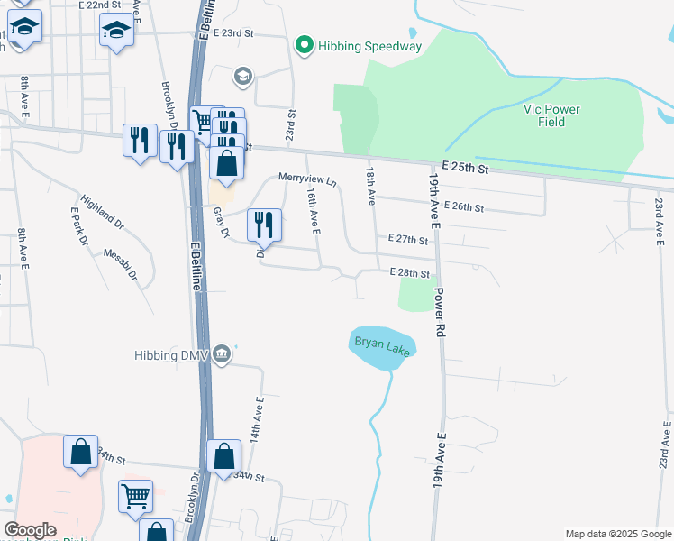 map of restaurants, bars, coffee shops, grocery stores, and more near 2734 16th Avenue East in Hibbing