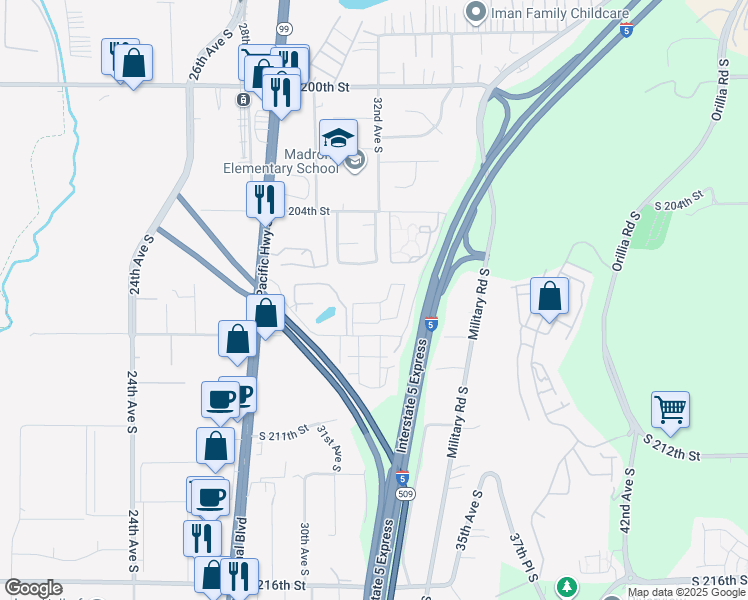 map of restaurants, bars, coffee shops, grocery stores, and more near 3100 South 208th Street in SeaTac