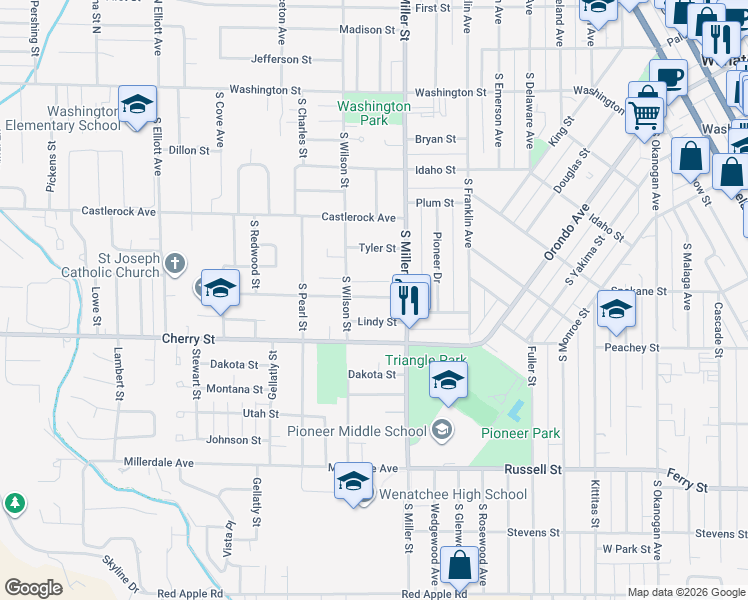 map of restaurants, bars, coffee shops, grocery stores, and more near 1011 Columbine Street in Wenatchee