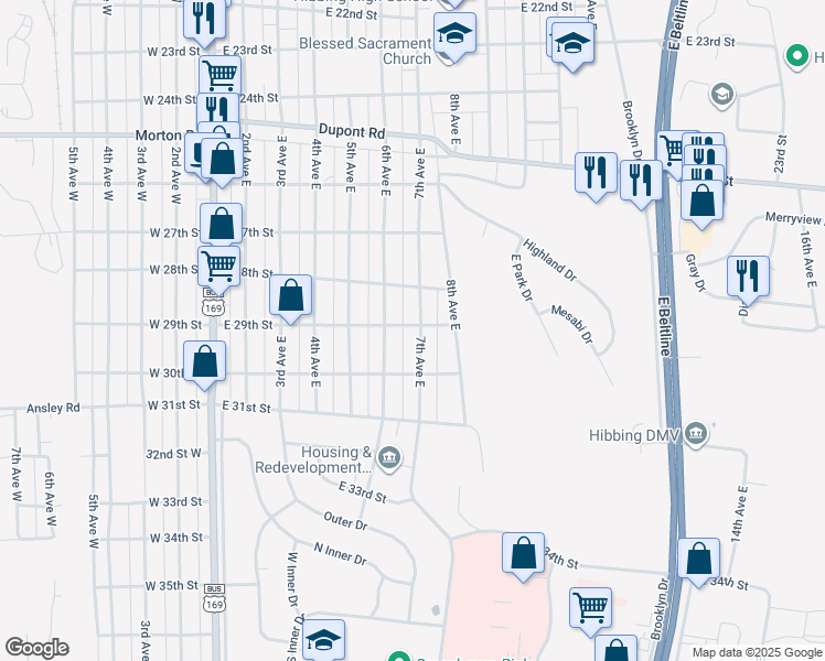 map of restaurants, bars, coffee shops, grocery stores, and more near 2901 7th Avenue East in Hibbing