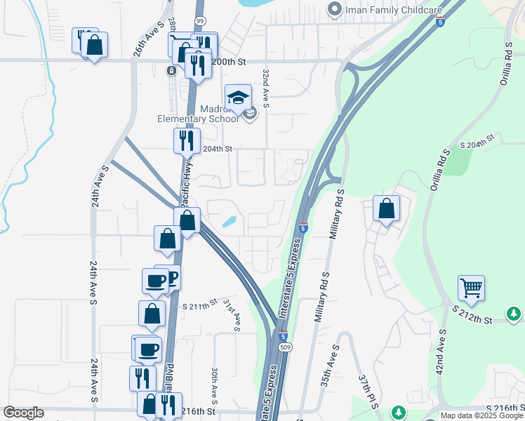 map of restaurants, bars, coffee shops, grocery stores, and more near 3100 South 208th Street in SeaTac
