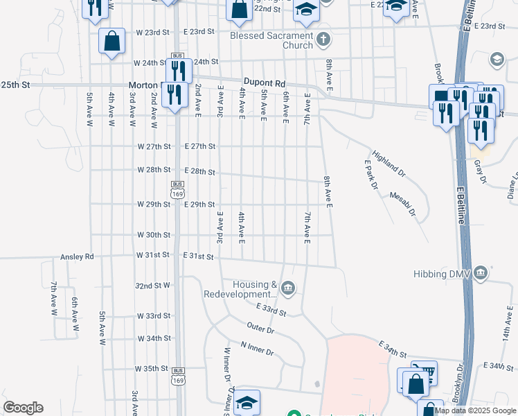 map of restaurants, bars, coffee shops, grocery stores, and more near 420 East 29th Street in Hibbing