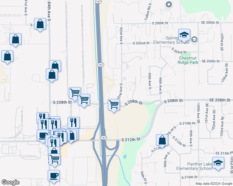 map of restaurants, bars, coffee shops, grocery stores, and more near 20637 92nd Avenue South in Kent