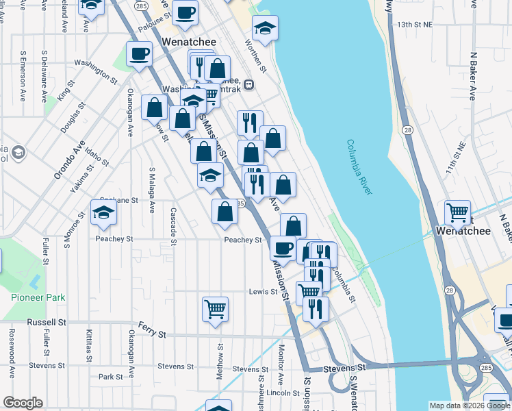 map of restaurants, bars, coffee shops, grocery stores, and more near 611 South Mission Street in Wenatchee