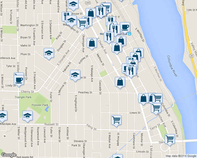 map of restaurants, bars, coffee shops, grocery stores, and more near 521 Spokane Street in Wenatchee