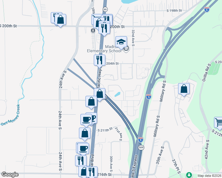 map of restaurants, bars, coffee shops, grocery stores, and more near 3002 South 208th Street in SeaTac