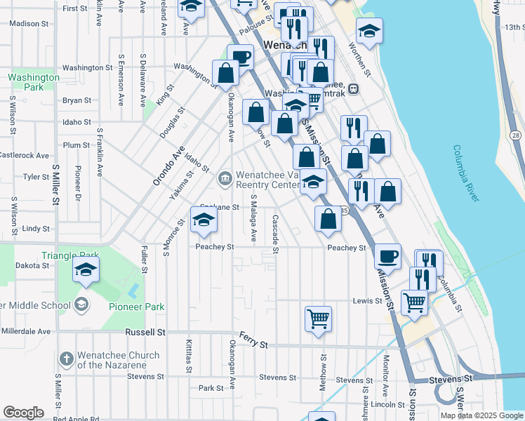 map of restaurants, bars, coffee shops, grocery stores, and more near 521 Spokane St in Wenatchee