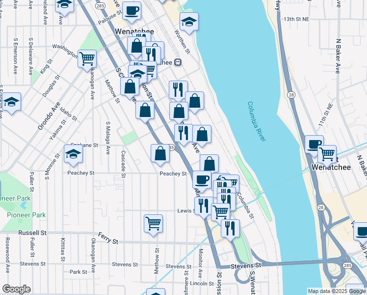 map of restaurants, bars, coffee shops, grocery stores, and more near 607 South Mission Street in Wenatchee