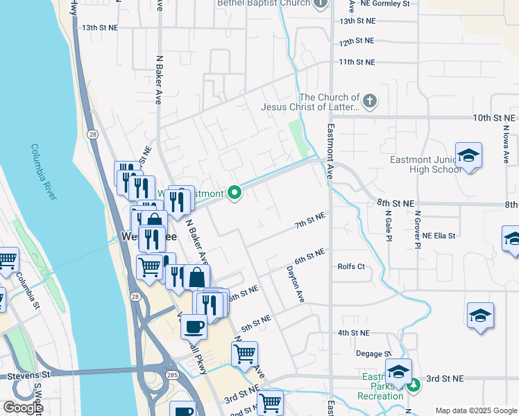 map of restaurants, bars, coffee shops, grocery stores, and more near 363 8th Street Northeast in East Wenatchee