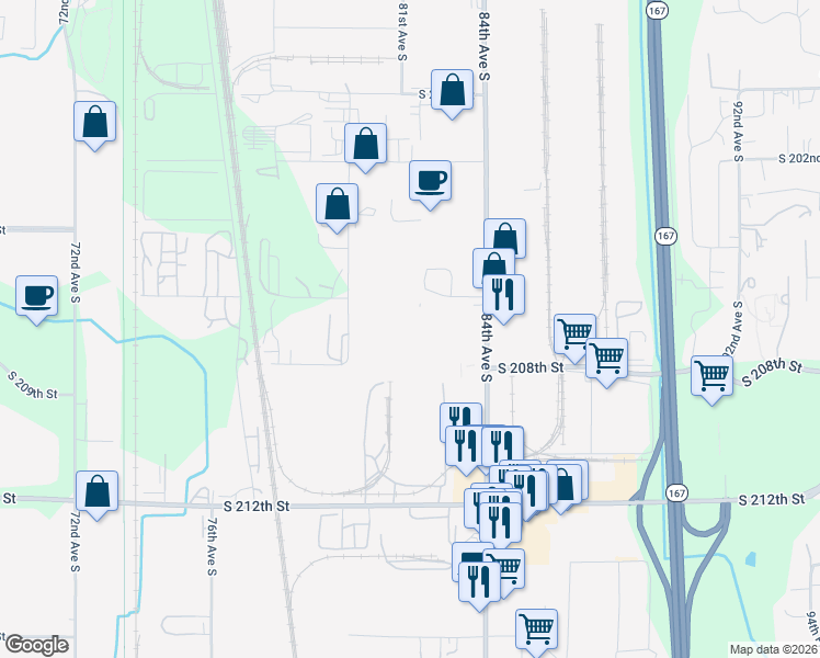 map of restaurants, bars, coffee shops, grocery stores, and more near 8118 South 208th Street in Kent