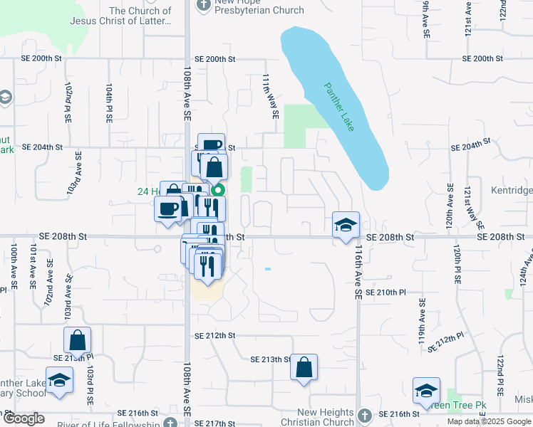 map of restaurants, bars, coffee shops, grocery stores, and more near 11128 Southeast 208th Street in Kent