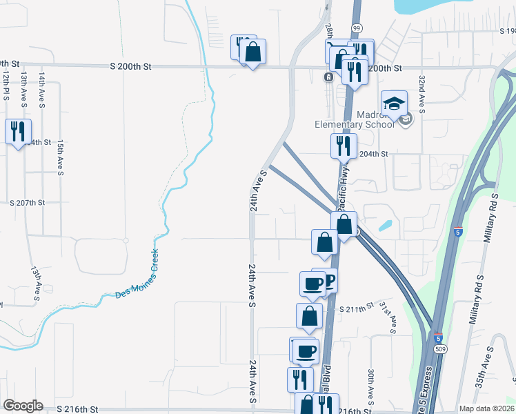 map of restaurants, bars, coffee shops, grocery stores, and more near 20704 24th Avenue South in SeaTac