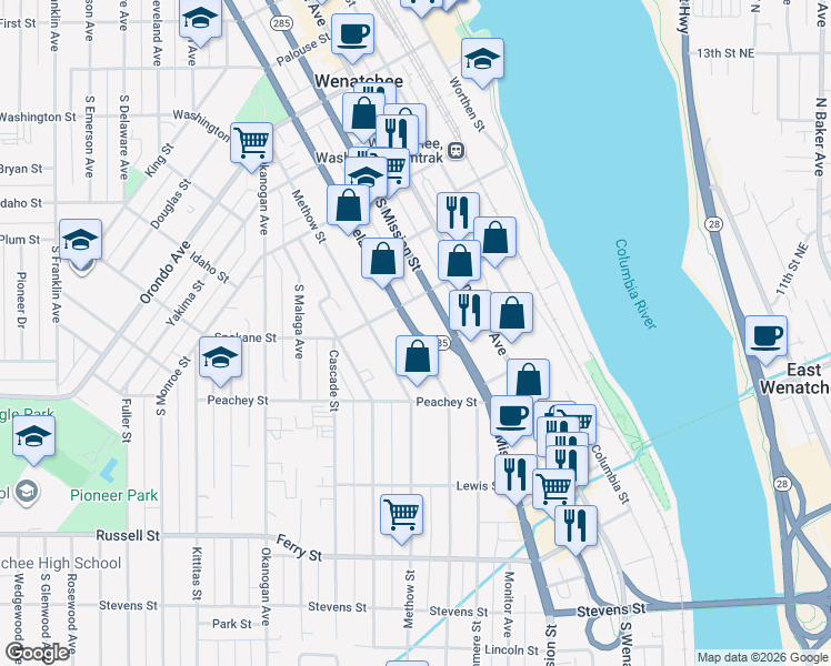 map of restaurants, bars, coffee shops, grocery stores, and more near 539 South Chelan Avenue in Wenatchee