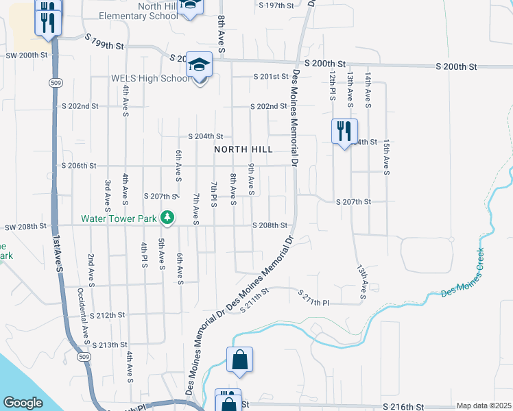 map of restaurants, bars, coffee shops, grocery stores, and more near 20727 10th Avenue South in Des Moines