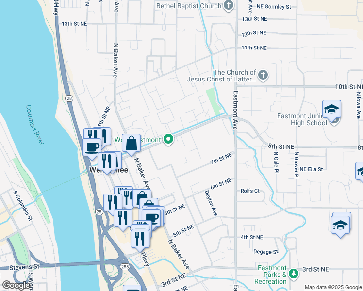 map of restaurants, bars, coffee shops, grocery stores, and more near 363 8th Street Northeast in East Wenatchee