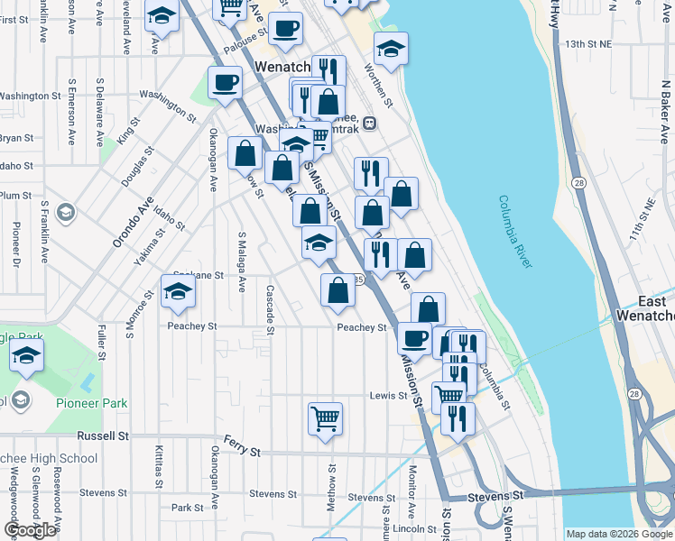 map of restaurants, bars, coffee shops, grocery stores, and more near 539 South Chelan Avenue in Wenatchee