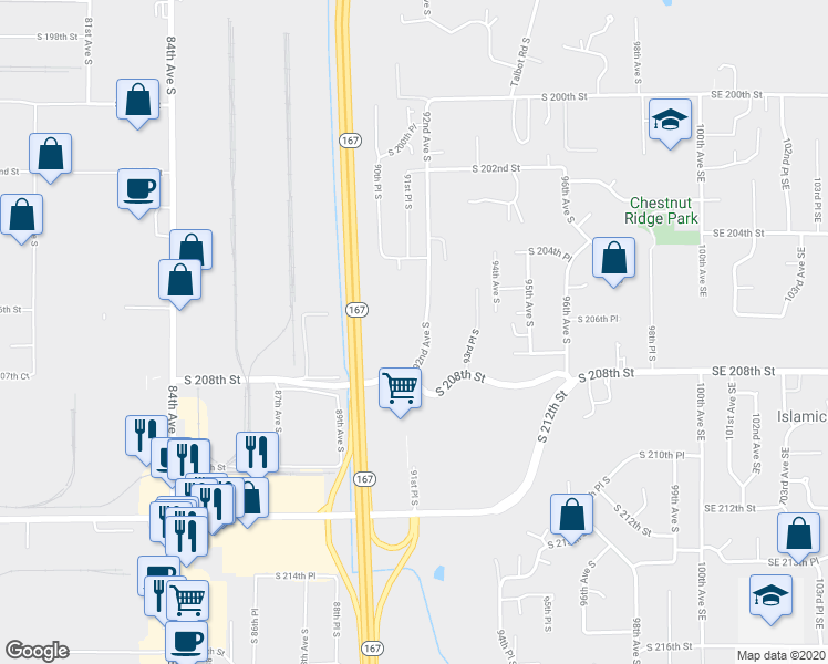 map of restaurants, bars, coffee shops, grocery stores, and more near 20621-20637 92nd Avenue South in Kent