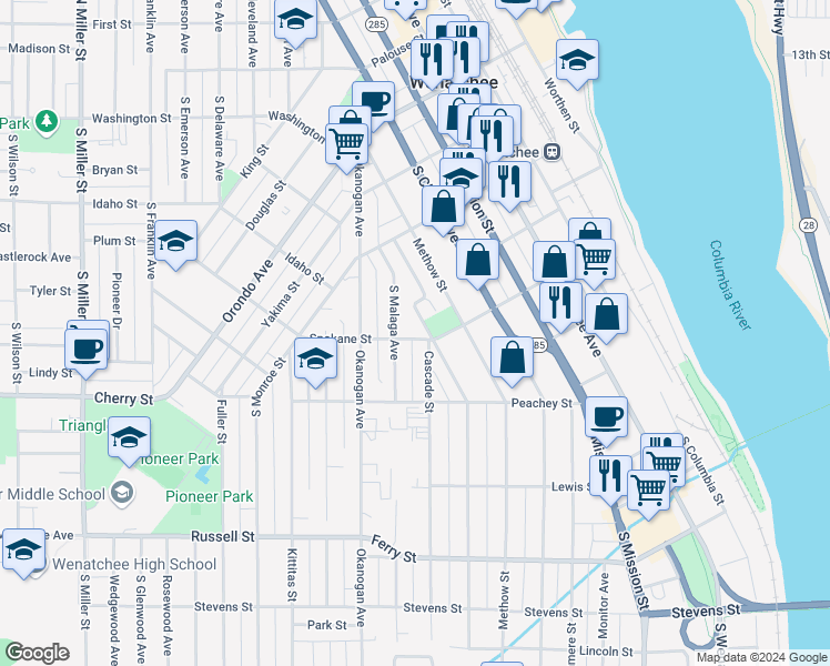 map of restaurants, bars, coffee shops, grocery stores, and more near 518 Spokane Street in Wenatchee