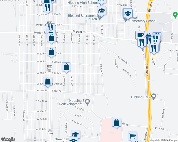 map of restaurants, bars, coffee shops, grocery stores, and more near 2830 6th Avenue East in Hibbing