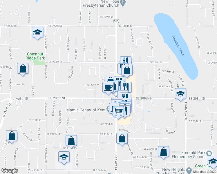 map of restaurants, bars, coffee shops, grocery stores, and more near 20727 108th Avenue Southeast in Kent