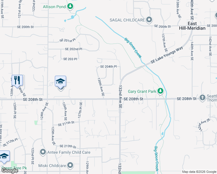 map of restaurants, bars, coffee shops, grocery stores, and more near 13029 Southeast 206th Place in Kent