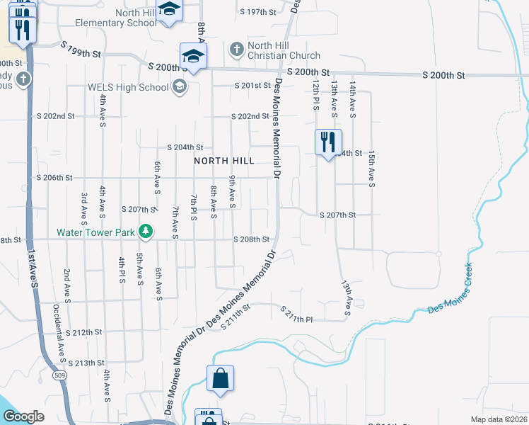 map of restaurants, bars, coffee shops, grocery stores, and more near 20723 Des Moines Memorial Drive in Des Moines
