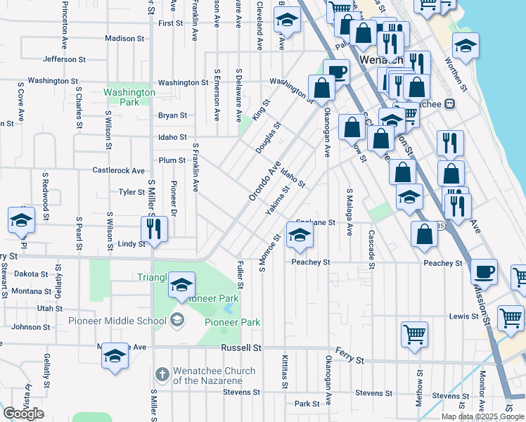 map of restaurants, bars, coffee shops, grocery stores, and more near 721 Yakima Street in Wenatchee