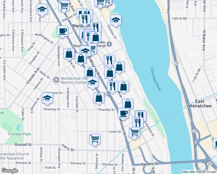 map of restaurants, bars, coffee shops, grocery stores, and more near 514 South Wenatchee Avenue in Wenatchee