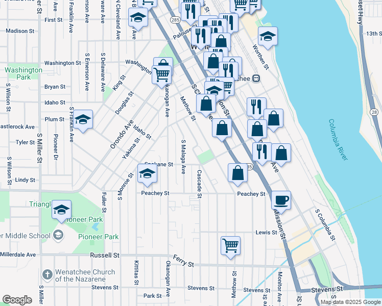 map of restaurants, bars, coffee shops, grocery stores, and more near 334 Roosevelt Street in Wenatchee