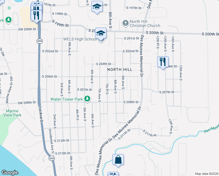 map of restaurants, bars, coffee shops, grocery stores, and more near 20614 7th Place South in Des Moines
