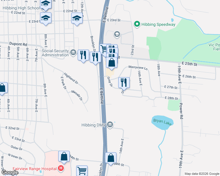 map of restaurants, bars, coffee shops, grocery stores, and more near 1400 Gray Drive in Hibbing