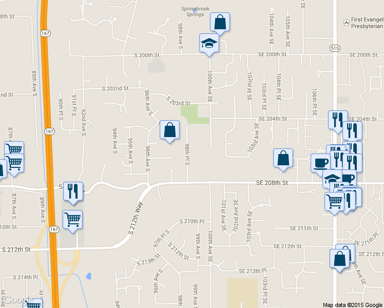 map of restaurants, bars, coffee shops, grocery stores, and more near 20451 98th Pl S in Kent