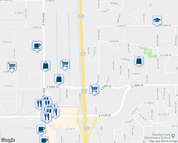 map of restaurants, bars, coffee shops, grocery stores, and more near 20615 92nd Avenue South in Kent
